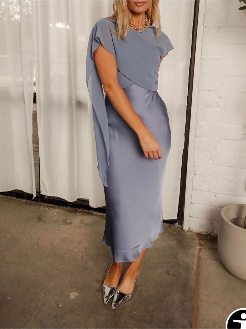 Elegant Slate Blue Midi Dress with Draped Cape